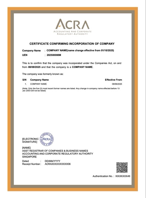 Singapore certificate confirming incorporation of company Word and PDF template